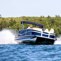 Bateau ponton à vendre avec bimini, en aluminium, pour la pêche en famille, sièges, mobilier, moteur hors-bord, loisirs fluviaux