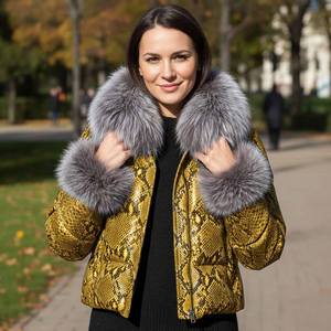 Chaqueta de Cuero Acolchada a Cuadros para Mujer con Cuello de Piel de Zorro y Cierre de Cremallera, Chaqueta de Invierno Estilo Urbano - Product Image 1