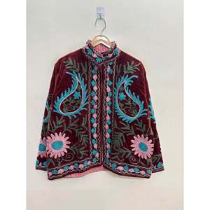 Veste d'extérieur en velours bordeaux Zafar Bloom avec broderie Suzani turquoise et rose, manteau d'hiver fini - Product Image 4