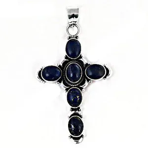 Pendentif Croix en Argent 925 avec Lapis-Lazuli, Bijou Religieux Fait Main en Pierre Précieuse avec Placage Rhodium pour Femme - Product Image 2