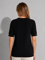 Suéter de Punto Negro de Manga Corta para Mujer, Cuello Redondo, 100% Algodón, Color Sólido Informal, Corte Regular con Detalle de Botones