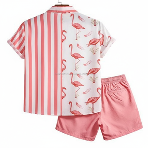 Conjunto de Camisa y Pantalones Cortos de Verano para Hombre, Personalizado OEM, Casual, Transpirable, de Spandex/Algodón, con Cuello de Botones en Degradado - Product Image 3