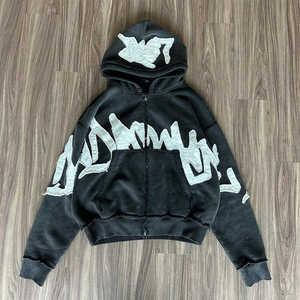 Custom High Quality Men 100% Cotton Fleece Loose Cropped Distressed Applique Patch Embroidery Acid Wash Breathable <b>Zip</b>-<b>Up</b> - Product Image 2