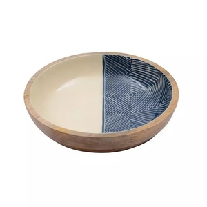 Bol de service alimentaire en bois de manguier de qualité supérieure, écologique, fait main, compatible lave-vaisselle, moderne, avec feuille émaillée verte - Product Image 4