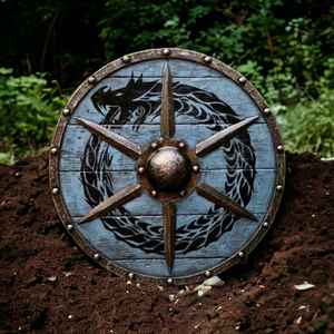 Bouclier viking en bois fait main avec motif de dragon, bouclier rond nordique avec embout noir, idéal pour le cosplay, la reconstitution historique et la décoration murale - Product Image 2