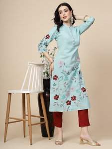 Elegante Kurti de Manga Larga hasta la Rodilla para Mujer, con Bordado Hermoso en Azul y Marrón, 100% Algodón, con Pantalones a Juego, Tendencia de Primavera - Product Image 5