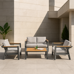 Ensemble <span class=keywords><strong>de</strong></span> meubles <span class=keywords><strong>de</strong></span> patio extérieur en métal moderne, ensemble <span class=keywords><strong>de</strong></span> canapé <span class=keywords><strong>de</strong></span> <span class=keywords><strong>jardin</strong></span> 4 pièces, accoudoirs aspect <span class=keywords><strong>bois</strong></span>, table basse, écologique, antirouille - Product Image 5