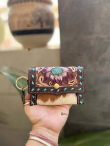 Western Hair on Cowhide Leather New Hand Tooled Carving Small Wristlet <b>Coin</b> <b>Purse</b> Multi Uses Mini Wallet for Women Western Gifts - Product Image 2