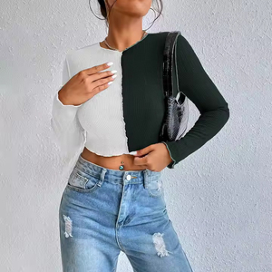 Offre Spéciale automne à manches longues couleur unie femmes t-shirts sport entraînement Style O cou t-shirts pour femmes coton T-Shirts - Product Image 3