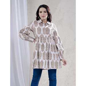 Haut en coton vert pour femme, imprimé Butta Block, 100 % tissé, respirant, avec boutons décoratifs, col à nœud, coupe ajustée, disponible en tailles 3XL et 4XL - Product Image 1