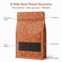 Sachets en papier kraft personnalisés imprimés, à fond plat, scellés sur 8 côtés avec fenêtre et fermeture éclair refermable pour café, noix, fruits secs, aliments pour animaux de compagnie