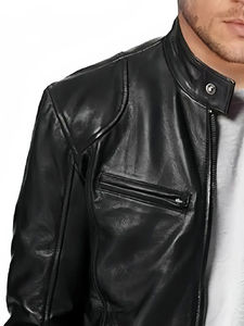 Veste en simili cuir vintage décontractée, col montant en PU uni, fermeture éclair sur le devant, coupe régulière, veste de moto avec poche pour homme - Product Image 5