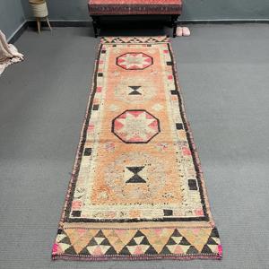 Vintage Turkish <b>Runner</b> <b>Rug</b> 3.1x10.1 ft, Orange Pink Abstract <b>Rug</b> - Product Image 1