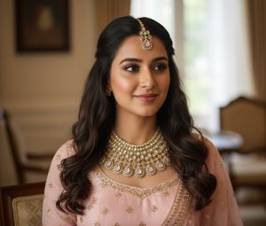 Conjunto de collar y aretes Kundan Blush Pearl Royale con maang tikka, hecho con piedras en forma de pera de color rosa pálido de primera calidad. - Product Image 1