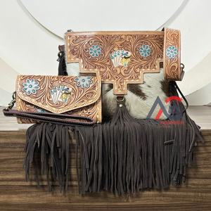 Wholesale New Fashionable Luxury Designer Women Hand Tooled Leather Fringe Shoulder Bag with Cowhide Trifold Wristlet Clutch Set - Product Image 1