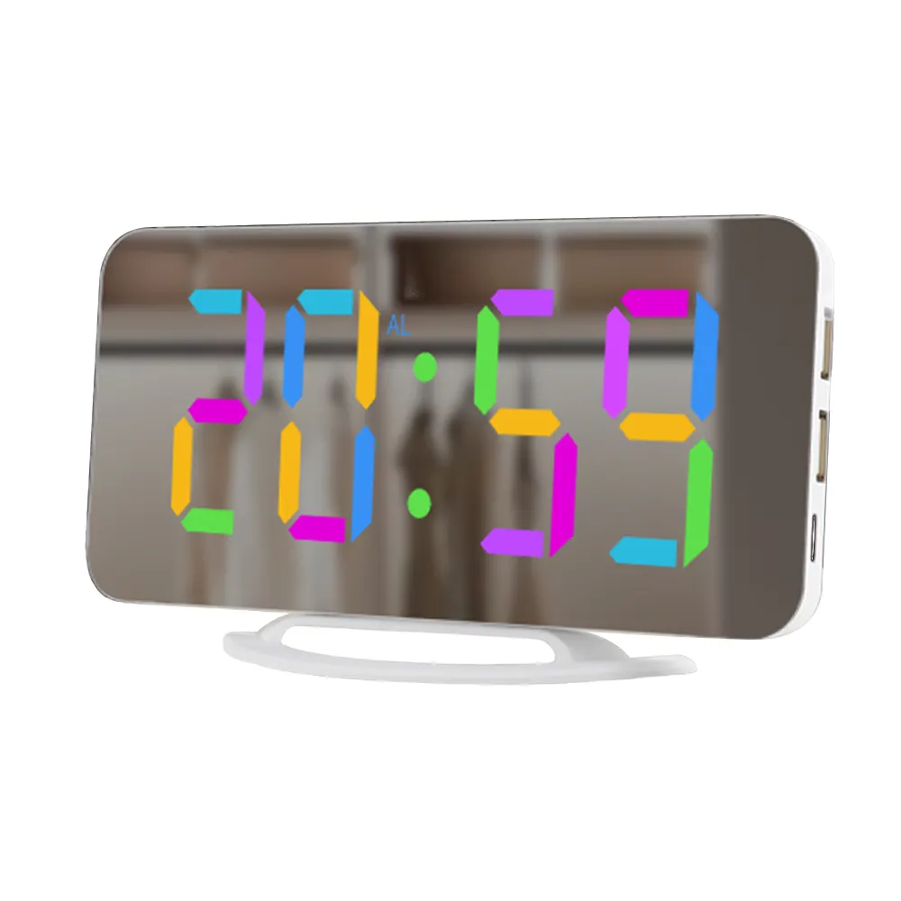 RGB Alarm Clock 7 Inch Digital Clocks Large Display LED Mirror Clock With 11 Color Modes 2 USB Ports 6-Level Brightness