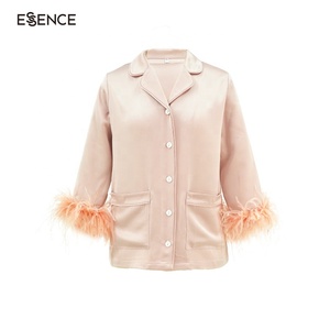 Womens Feather Party Nachtwäsche Set Zweiteiliges Homewear Top und Hosen Chic Straußen besatz Langer Pyjama - Product Image 3