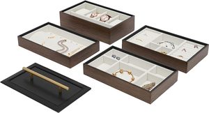 Boîte à bijoux empilable en bois avec poignée en métal sur le dessus pour les femmes, présentoir à bijoux à 4 couches pour montre, gains - Product Image 5