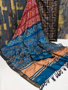 Sari traditionnel long en coton pur doux de style gujarati, imprimé bandhni, broderie lourde, pour un usage quotidien - Product Image 5