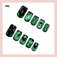 HYC-DY-609 Faux ongles carrés courts à presser, motif toile d'araignée fantôme lumineuse d'Halloween, réutilisables, couverture complète, 24 pièces