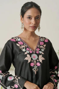 Traditional Kashmiri Arri Work Cotton <b>Kurta</b> <b>for</b> <b>Women</b> Black with Multicolor Embroidery Pakistani Indian Style <b>for</b> Summer Parties - Product Image 6