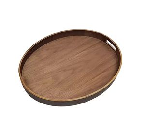 Plateau de service rond en bois de noyer écologique Table à thé en bois naturel avec poignées pour café de cuisine ou thé de l'après-midi - Product Image 1
