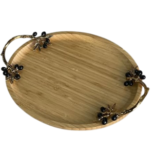 Elegante bandeja de madera de bambú para servir con asas decorativas de metal, bandeja decorativa para servir fiestas o mesa de comedor para el hogar y la cocina - Product Image 1