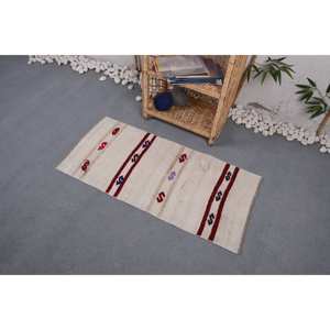 พรมตุรกีโบราณแบบทันสมัยขนาด1.7 x 3.6ft สีเบจสีแดงงานปะต่อทรงสี่เหลี่ยมผืนผ้าผืนใหญ่ลายโถงทางเดินขนแกะ10มม. ลาเท็กซ์วิสคอส - Product Image 2