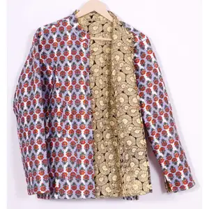 인도 재킷 여자 여름 파티 착용 폭격기 민족 면 재킷 뒤집을 인도 꽃 인쇄 퀼트 재킷 100% 면