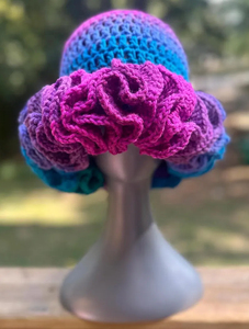 Crochet Ruffle Bucket <b>Hat</b> in Mermaid Colorful Checkered Design Made of Cotton Silk Yarn for Daily Party Outdoor Fishing Use - Product Image 2