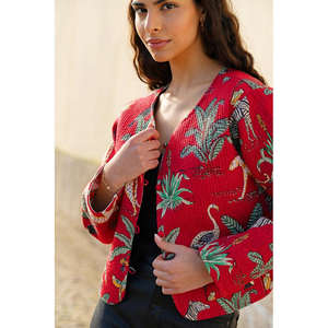 Chaqueta de Algodón Acolchada con Estampado Bohemio de Selva Roja para Mujer, Estilo Vintage con Botones, Corta, Floral, Transpirable, Resistente al Viento y Antiarrugas para Otoño - Product Image 2