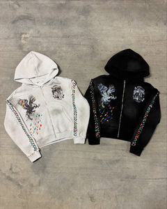 Streetwear de qualité supérieure sweat à capuche avec strass surdimensionné pour hommes coton mélangé lourd délavé fermeture éclair personnalisée vente en gros coupe carrée - Product Image 1