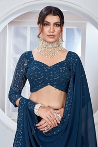 Lehenga choli rama ออกแบบเจ้าสาวด้วย georgette เย็นกับการเย็บปักถักร้อยลำดับการทำงานงานแต่งงาน lehenga choli - Product Image 3