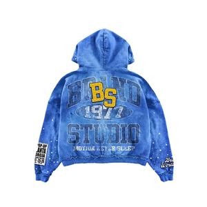 Unisex <b>Acid</b> <b>Washed</b> 100%Cotton Hooded Heavyweight Sweatpants Patch Embroidery Rhinestone Regular Fit Terry Ripped Style Sweatsuit - Product Image 5