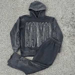 Patchs de broderie personnalisés deux pièces ensemble délavé vintage jogging sweat à capuche zippé jambe droite pantalon de survêtement évasé lavage à l'acide survêtement - Product Image 1