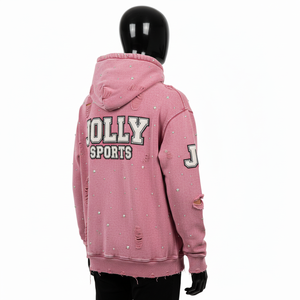 Sweat-shirt rose en molleton de coton doux et épais 380 GSM avec texture déchirée, strass et broderie, logo personnalisé, sweat-shirt basique - Product Image 4