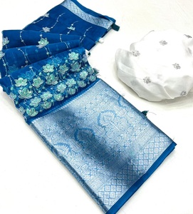 Bollywood hermoso Sari de seda de organza suave con borde elegante y blusa de trabajo completamente bordada ropa india y paquistaní - Product Image 3