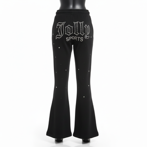 <b>Men</b> <b>Flare</b> Pant Premium Cotton Polyester Fleece 320 GSM Black Rhinestone Heat Press Logo Side Panel Design Made <b>Men's</b> Pant - Product Image 2