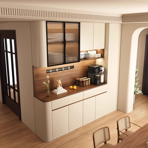 Meuble de rangement sur mesure pour la maison avec section de présentation verticale, fond imitation bois, étagère ouverte, portes sans poignées et grande capacité - Product Image 1
