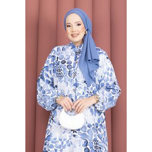 Indigo Teardrop Pattern Half-Button <b>Dress</b> for Women Casual Elegent Kaftan Mandarin Collar Breathable Empire One Fits All - Product Image 2