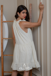 Vestido corto bohemio elegante para mujer sin mangas acampanado con volantes de verano con cuello en V Mini Halter de moda Casual Holiday Beach Club Back - Product Image 5