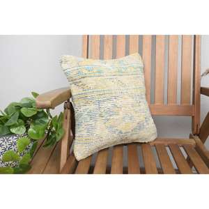 Oreiller Patchwork Kantha en laine jaune 14x14 pouces coussin de boule tissé en tissu brodé Vintage moderne pour usage décoratif à la maison - Product Image 2