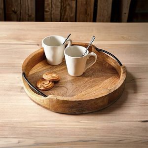 <b>Round</b> Mango Wood <b>Serving</b> <b>Tray</b> with Black Metal Handles – Wholesale Rustic Decorative Wood <b>Tray</b> for Coffee Table, Dining & Home - Product Image 4