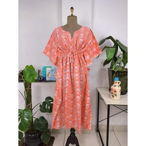 Boho Botanique Orange Sunrise Hand-Painted Indian Cotton <b>Kaftan</b> Lightweight and Breathable Swimsuit Cover Ups - Product Image 1