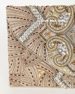 Flap <b>Clutch</b> Bag with Hand Bead Stone and Pearl Embroidery Suede Material Vintage Lady Style for <b>Brides</b> Wedding Party Wear - Product Image 4