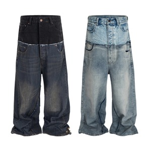 Wholesale Custom Double Waist <b>Flared</b> Acid Washed <b>Jeans</b> <b>Men</b> Vintage Wide Leg Baggy Pants Mid Casual Solid Distressed Autumn - Product Image 5