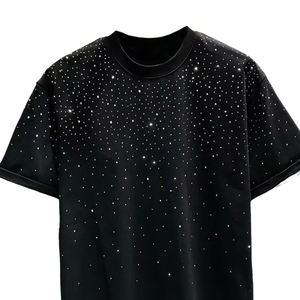 T-shirt pour homme en coton 100% de qualité supérieure, col rond, avec strass, coupe ample, léger. - Product Image 4