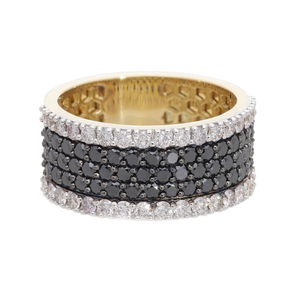 Bague classique bicolore en or 14 carats plaqué rhodium pour femme, large bande, pièce d'exception, pierres naturelles noires et blanches serties pavé - Product Image 1