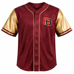 Camiseta de Béisbol para Hombre, Color Granate, de Poliéster Resistente, con Mangas Doradas Metálicas, Bordado Personalizado con el Escudo de la Marca, Cierre de Botones, Estilo Urbano - Product Image 1