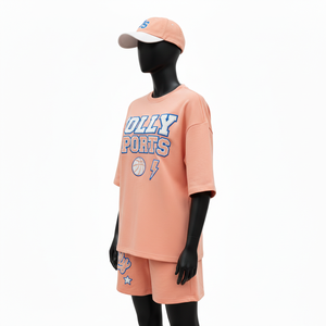 ชุดเสื้อและกางเกงขาสั้นผ้าฟลีซผสมคอตตอนพรีเมียมสำหรับผู้หญิง 280 GSM สีพีช พิมพ์ลายโลโก้ตามสั่ง เสื้อยืดและกางเกงขาสั้นผ้าฝ้าย 100% - Product Image 4